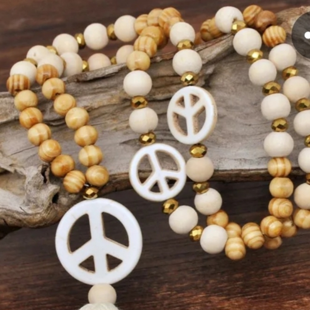Peace Sign Tassel Wood Beaded Handmade Long Necklace - Picture 9 of 14